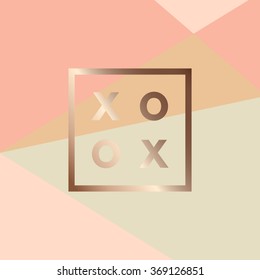 Romantic love XOXO gold minimal logo in frame on geometric layout. Vintage modern label in frame outline geometric background. Package template. Trend layout, art print. Valentine day greeting card