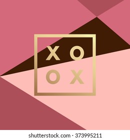 Romantic love XOXO gold minimal logo in frame on geometric layout. Vintage modern label in frame outline geometric background. Package template. Trend layout, art print. Valentine day greeting card