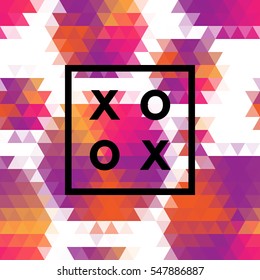 Romantic love XOXO minimal logo in outline frame, vintage modern label on geometric background. Retro package template. Trend layout, art print. Valentine day greeting card