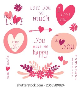 Romantic Love you lettering calligraphy hand draw written set. I Love you phrases. Love expressions. Typography I Love you postcard.