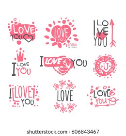 Romantic I Love You Message For St Valentines Day Postcard, Colorful Graphic Design Template Logo Set, Hand Drawn Vector Stencils
