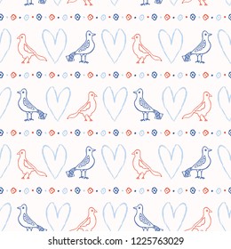 Romantic Lovebirds Brushstroke Heart Seamless Vector Pattern. Hand Drawn Lovers Illustration for Wedding Invitations, Engagement Party Decor, St Valentines Day Cards Stationery. Cute Simple Folk Art.