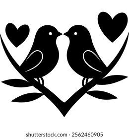 Romantic lovebirds silhouette on a branch with heart shape for Valentine design