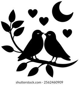 Romantic lovebirds silhouette on a branch with heart shape for Valentine design