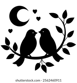 Romantic lovebirds silhouette on a branch with heart shape for Valentine design