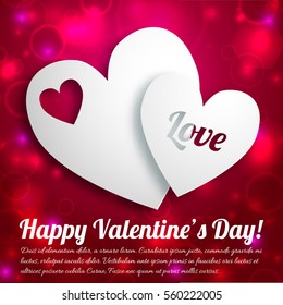 Romantic lovely concept with text and white paper hearts on light blurred background isolated vector illustration