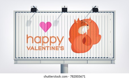 Romantic lovely festive billboard concept with amourous cute foxes couple greeting inscription and heart vector illustration