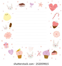 Romantic and lovely page for notes with cute print illustration background. Template for scrapbooking, wrapping, notebooks, diary, decals, school accessories