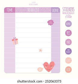 Romantic and lovely page for notes with cute print illustrations. Template for scrapbooking, notebooks, diary, decals, cards, stickers, tags, school accessories