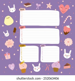 Romantic and lovely page for notes with cute print illustrations. Template for scrapbooking, notebooks, diary, decals, cards, stickers, tags, school accessories