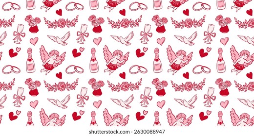 Padrão romântico e encantador com corações, juntamente com ilustrações de cupido lindamente projetado