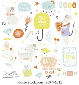 Romantic and lovely print illustration with Spring elements and cute background. Template for scrapbooking, wrapping, notebooks, diary, decals, school accessories