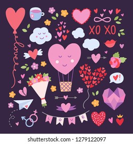 Romantic lovely symbols and elements vector set. Saint Valentine's Day and wedding illustrations about love