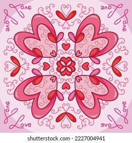 Romantic and lovely themed symmetrical vector mandala background. Valentine's Day february celebration symmetry wallpaper for social media post, greeting cards, poster, and other purposes, isolated.