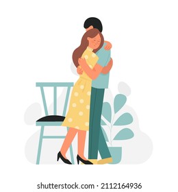 Romantic lovely young couple hugging moment. Warm family embrace showing affection feeling flat vector illustration