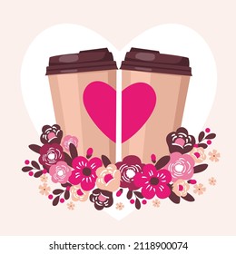 Romantic lovers coffee cups with flowers. Vector clipart.