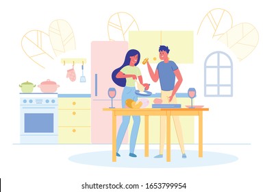 Romantic Lovers Couple Enjoying Cooking Tasty Vegetable Food in Kitchen Indoors Home. Kitchenware, Hot Pan on Cuisine Background. Family Leisure. Togetherness and Affection Cute Woman and Man