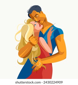 Romantic lovers couple vector illustration, passionate and intimate drawing of man and woman hugging each other, couple in love, valentine day.