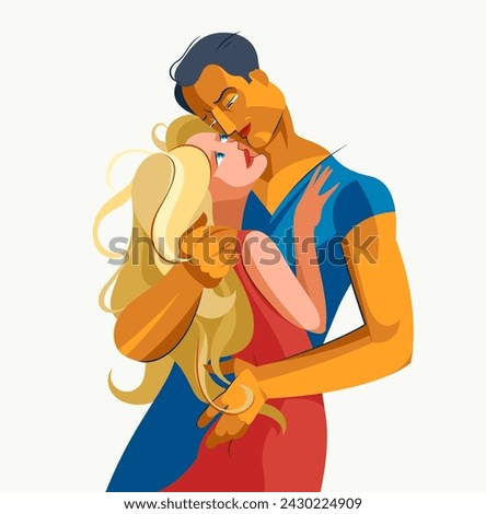 Romantic lovers couple vector illustration, passionate and intimate drawing of man and woman hugging each other, couple in love, valentine day.