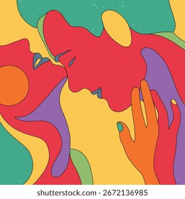 Romantic lovers faces. Couple in love. Psychedelic 60s rainbow color