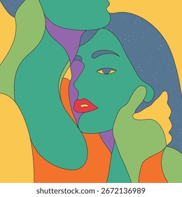 Romantic lovers faces. Couple in love. Psychedelic 60s rainbow color