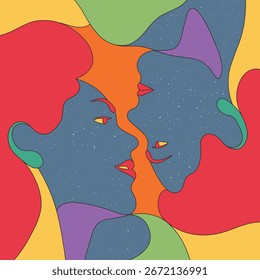 Rostros de amantes románticos. Pareja enamorada. Color arcoíris psicodélico de los años 60