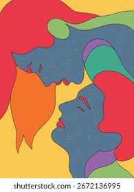 Romantic lovers faces. Couple in love. Psychedelic 60s rainbow color