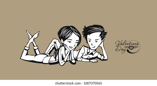 Romantic lovers for Valentine's Day, Cartoon Hand Drawn Sketch Vector Background.