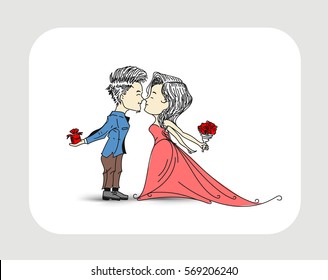 Romantic lovers for Valentine's Day, Cartoon Hand Drawn Sketch Vector Background.