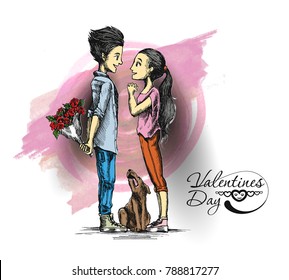 Romantic Lovers For Valentine's Day, Cartoon Hand Drawn Sketch Vector Background.