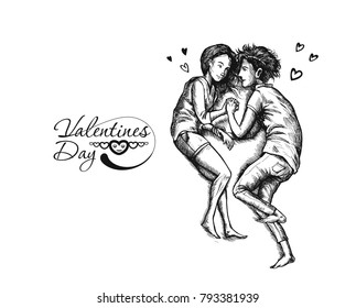 Romantic lovers for Valentine's Day, Cartoon Hand Drawn Sketch Vector Background.