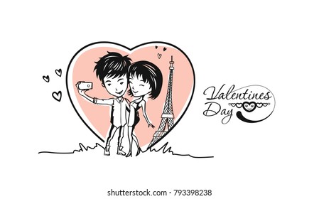 Romantic lovers for Valentine's Day, Cartoon Hand Drawn Sketch Vector Background.