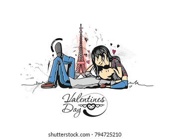 Romantic lovers for Valentine's Day, Cartoon Hand Drawn Sketch Vector Background.