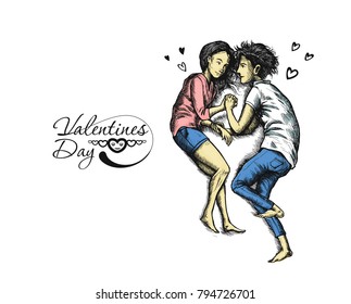 Romantic lovers for Valentine's Day, Cartoon Hand Drawn Sketch Vector Background.