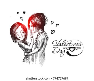 Romantic lovers for Valentine's Day, Cartoon Hand Drawn Sketch Vector Background.