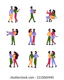 Romantic lovers. Various happy couples going to date in valentine romantic day gift collections for couples garish vector flat pictures set isolated