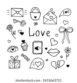 Romantic love-themed vector set in hand-drawn doodle style. Black line art, no color fill, clean outlines. Perfect for Valentine’s cards, stickers, prints, and social media graphics.