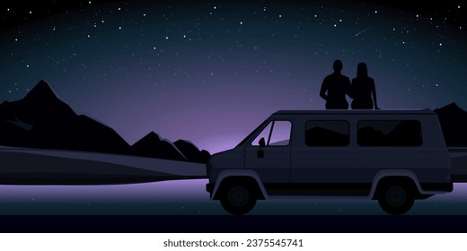 Romantic loving couple sitting on the van roof and stargazing