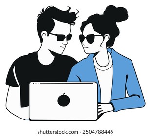 Romantic Loving Couple Working on Laptop Together, Embracing and Collaborating | Modern and Heartwarming Design | Flat Vector Illustration
