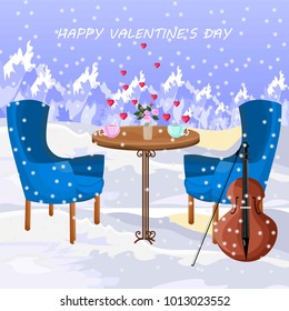 Romantic lunch in the air Vector. Snowing winter mountains backgrounds