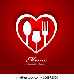 Romantic lunch menu cover design with paper heart fork spoon cup and shadow effect concept