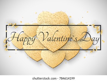 Romantic luxury light card for Valentines day. Big golden hearts of glitters. Curl gold ribbons and confetti. Abstract advertising banner with black frame and text. Vector illustration.