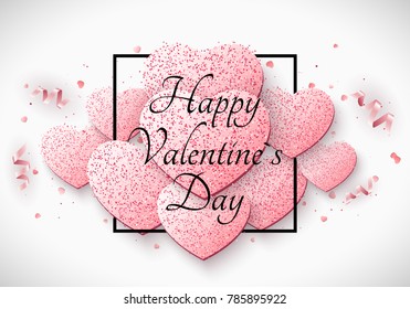 Romantic luxury light card for Valentines day. Big light pink hearts of glitters. Curl ribbons and confetti. Abstract advertising banner with black square frame and text. Vector illustration.