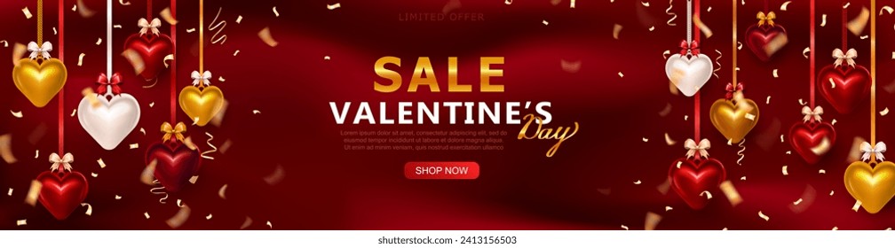Romantic luxury sale panoramic banner or header with 3d glossy hearts hanging on silk ribbon with realistic bow and golden confetti streamers with promo discount text for Valentine's Day celebration