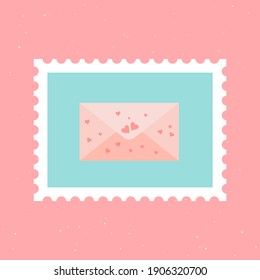 Romantic mail envelope with hearts.  Cute and romantic hand-drawn post stamp. Mail conceptual drawing. Love and Valentines day concept. Designs for greeting cards, print, web