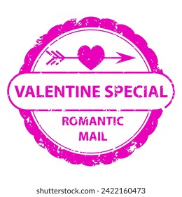 Romantic mail rubber stamp, valentine special icon. Vector of love romantic stamp, valentine heart symbol, mail rubber grunge, letter sign romance illustration