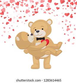 Romantic male bear holding female animal on arms isolated on white background with pink and red hearts. Plush teddy toys in love, happy couple vector