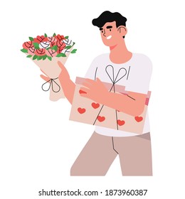 El carácter romántico masculino contiene un ramo de flores rosadas y rojas y una caja de regalo con estampado cardíaco. Se lanza a una cita aislada en blanco. El hombre compra regalos para su novia el día de San Valentín. 