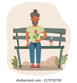 Romantic man with beard and flower sitting on a bench in the park waiting for a date. Flat cartoon vector illustration for Valentines day or couple love concepts.