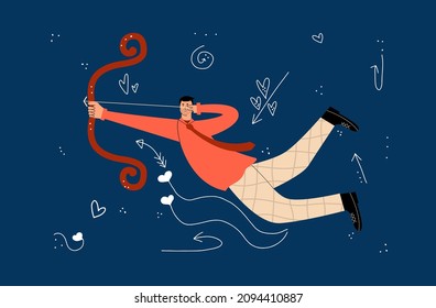 Romantic man with bow and arrow. Cupid for Valentine's Day. Vector illustration in flat style